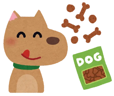 Illustration of a happy dog beside a bag of kibble and treats