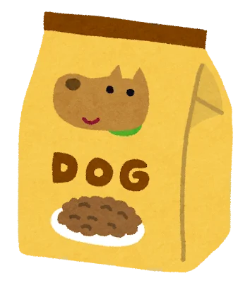 Illustration of a happy Rottweiler-style dog beside a bag of kibble and dog treats