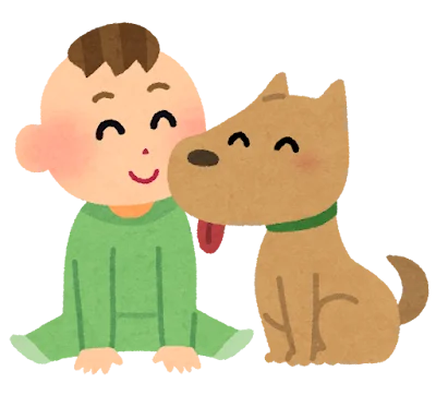 Illustration of a friendly family Rottweiler greeting a smiling child